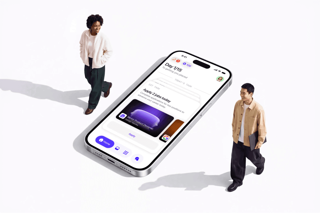 Two people walking beside a giant iPhone showing the Placed app